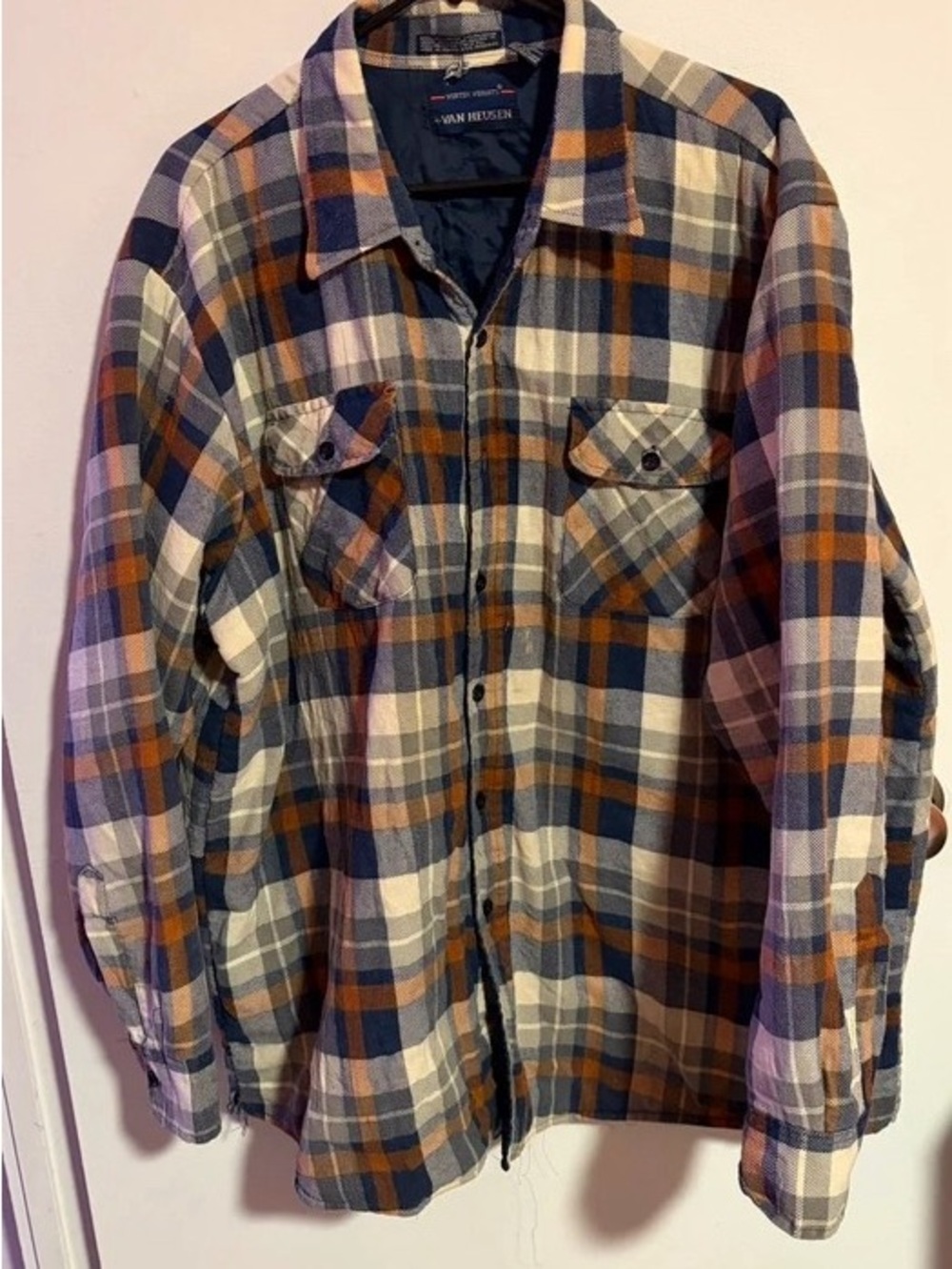Van Heusen Plaid Button-Front Shirt Jacket in Navy, Brown & White